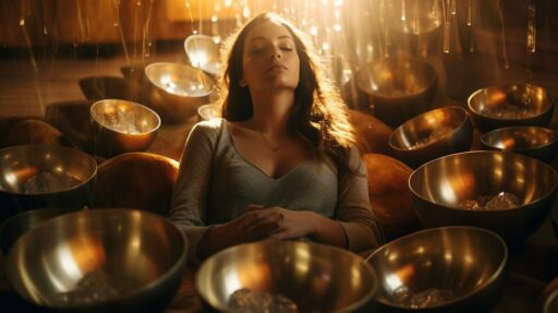 Sound Bath What to Expect: Your Complete First-Timer's Guide 1 What to expect at a sound bath: a woman seated among glowing metal singing bowls