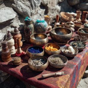 A practitioner performing ancient Tibetan healing arts using meditation and natural herbal therapies.