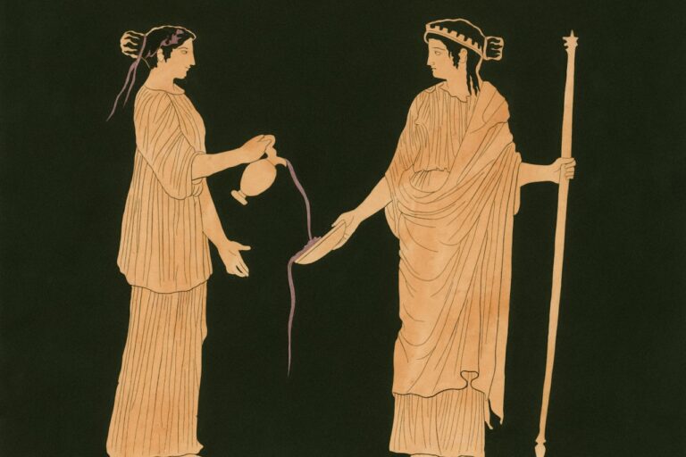 Two ancient greek women pouring liquid from a jug.