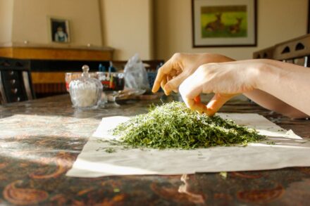Herbal Medicine Hands sprinkle chopped greens onto a surface.