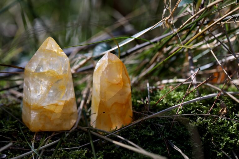 Crystal Healing a couple of rocks sitting on top of a moss covered ground