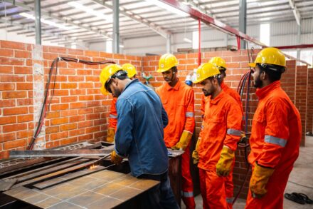 Efficacy Safety 10 Workers in hard hats and safety vests in a workshop