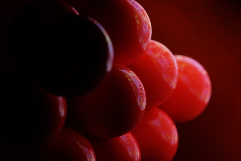 Red grapes clustered together in a dark setting.
