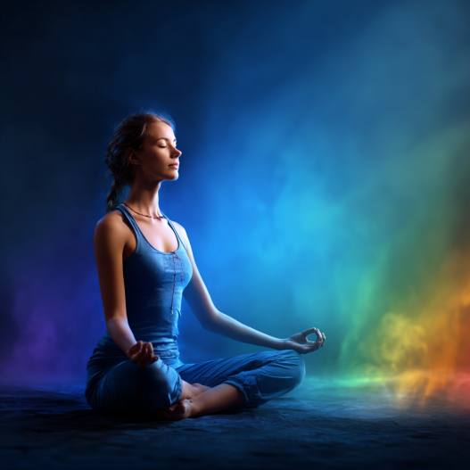 Woman meditating with the seven chakra colours glowing around her