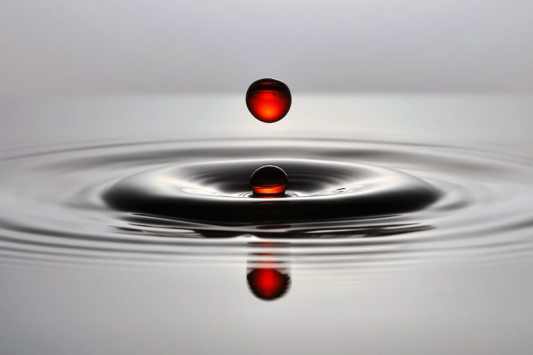 A red drop creates ripples in water.
