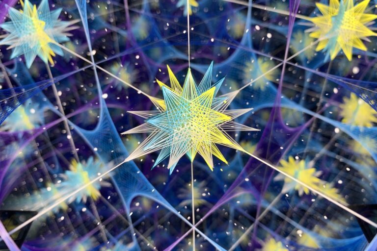 a star in the middle of a blue and yellow background