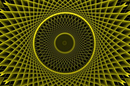 Yellow spiral pattern creates a unique optical illusion.