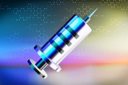 a blue and white medical device on a colorful background
