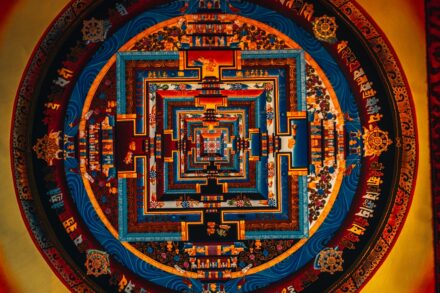 brown and green round area rug