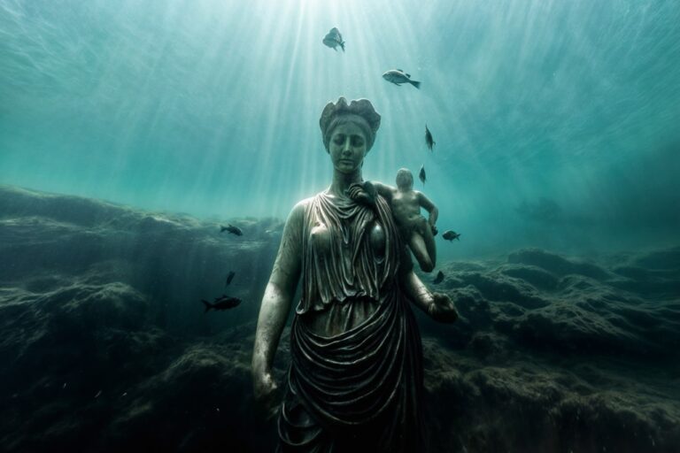 a statue of a woman holding a baby under water