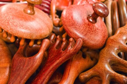 Various wooden massage tools close up
